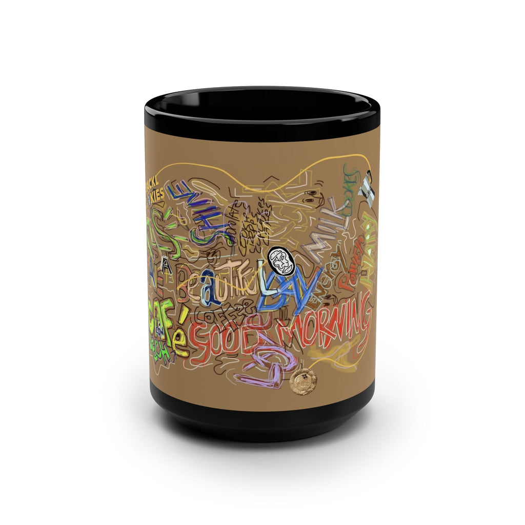 15oz Black "Crackl Cafe Con Leche" Mug — Colorful Graffiti Coffee Mug with 'Good Morning' Street Art Design