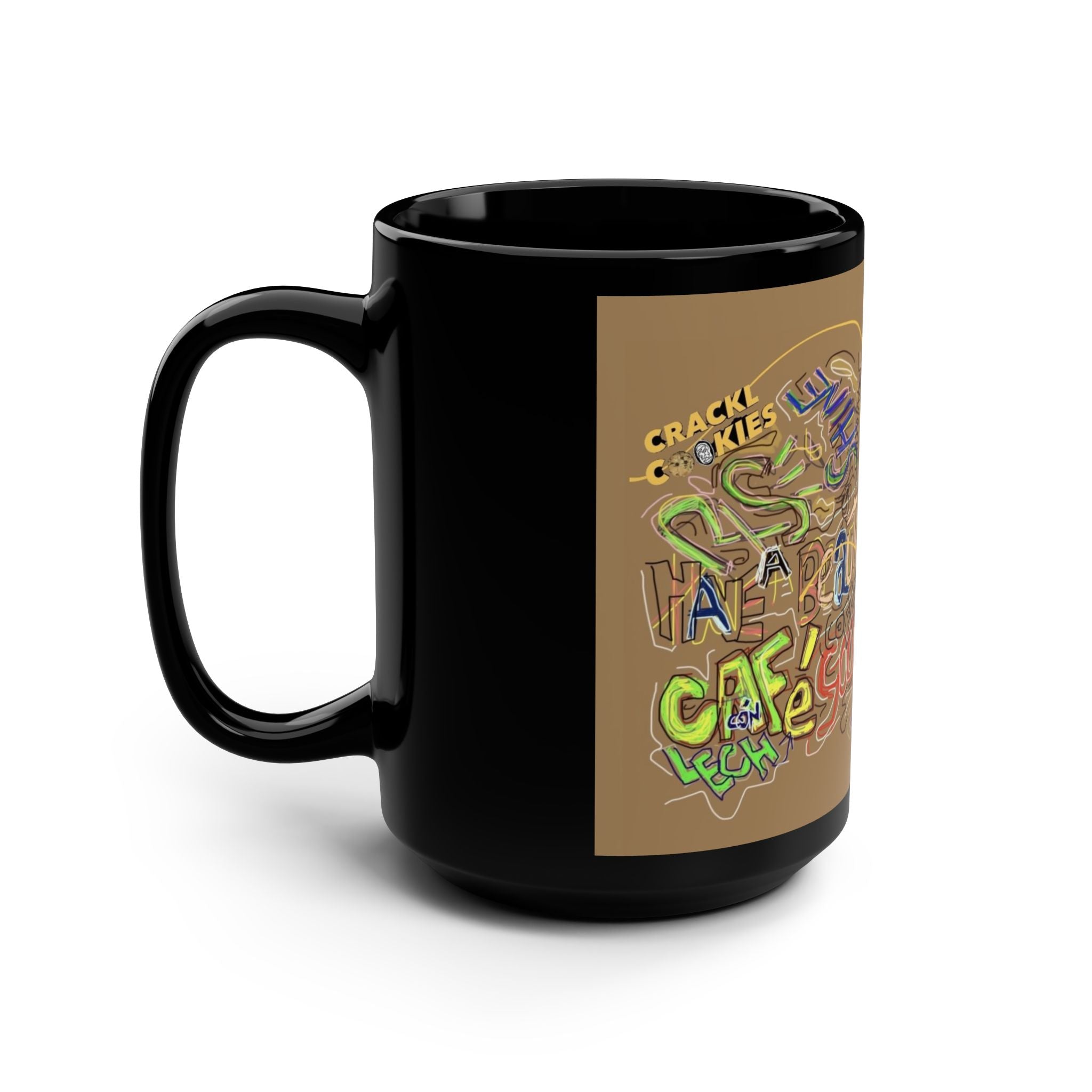 15oz Black "Crackl Cafe Con Leche" Mug — Colorful Graffiti Coffee Mug with 'Good Morning' Street Art Design
