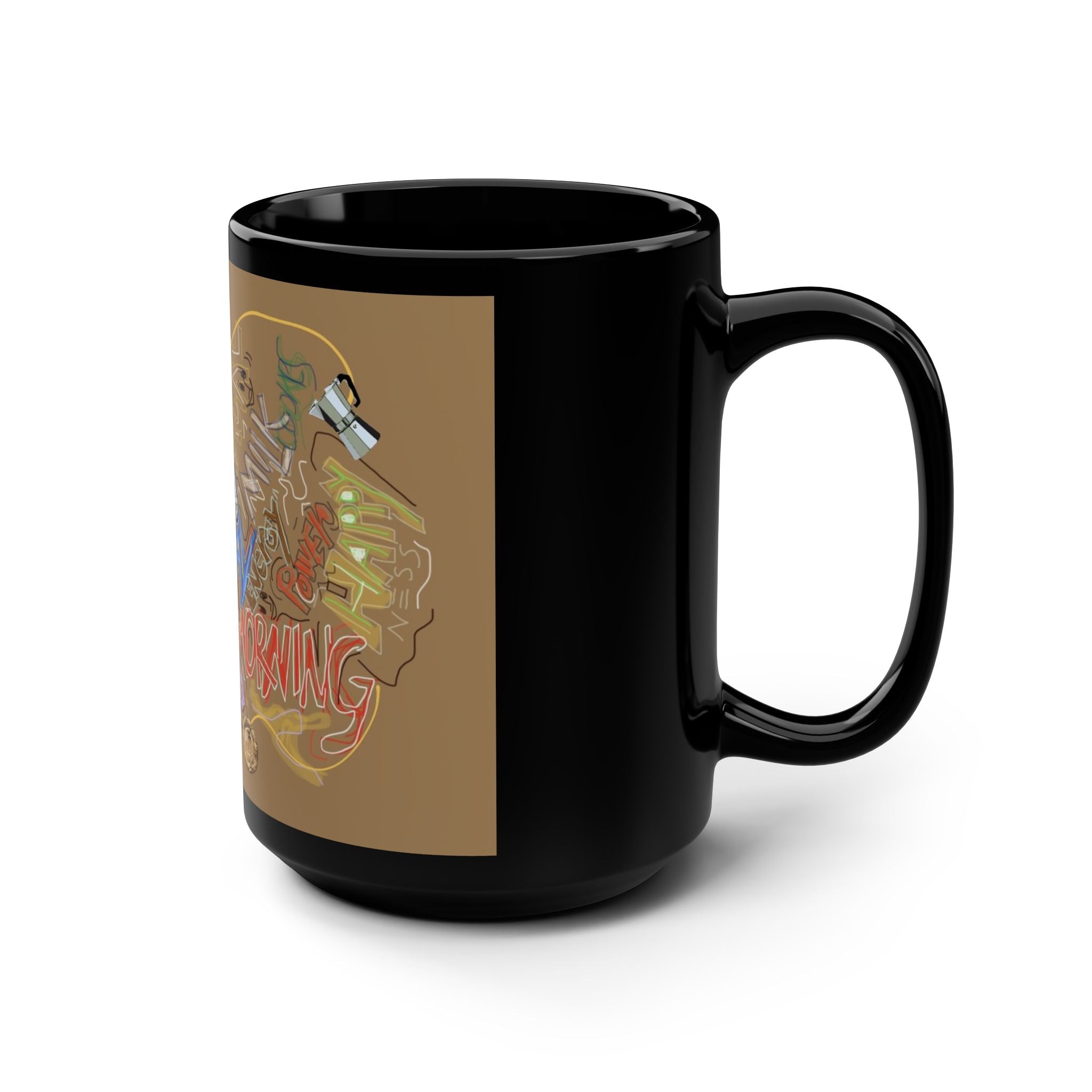 15oz Black "Crackl Cafe Con Leche" Mug — Colorful Graffiti Coffee Mug with 'Good Morning' Street Art Design